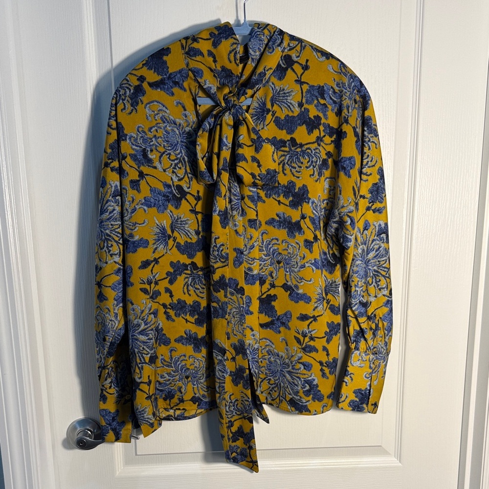 Women’s Mustard Yellow Floral Tie-Neck Blouse
